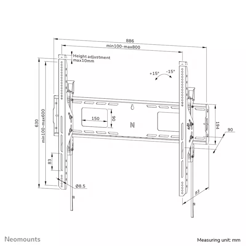 Neomounts tugev televiisoriseinakinnitus 125 kg 43-98 tolli VESA 100x100-800x600