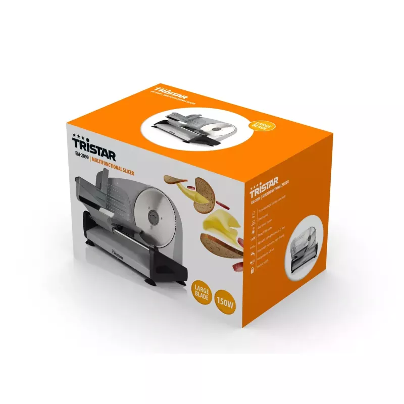 Elektriline viilutaja Tristar EM-2099 — 150 W, maksimaalne viil 1,5 cm, kompaktne 270×435×285 mm, must/hõbedane
