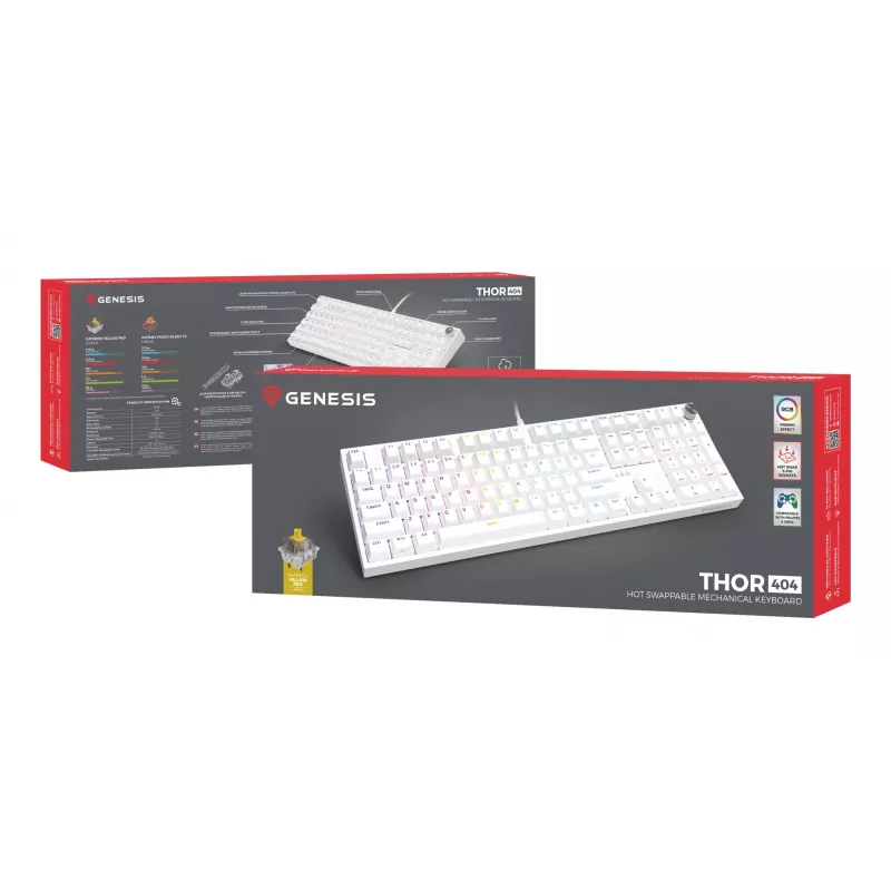 Mehaaniline klaviatuur GENESIS THOR 404, täissuuruses USB, QWERTY inglise keel, RGB-taustvalgustus, valge