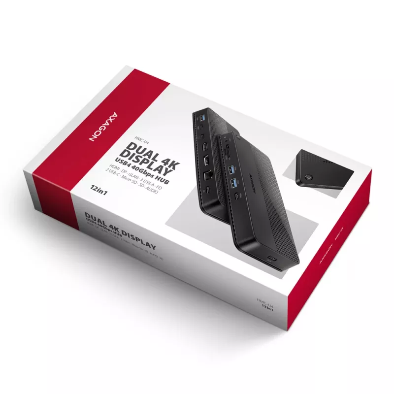 Axagon HMC-U4 USB4 dokk, 3x USB-A, 2x USB-C, HDMI ja DP 8K/30Hz, RJ-45, SD/mSD, heli, PD 100W