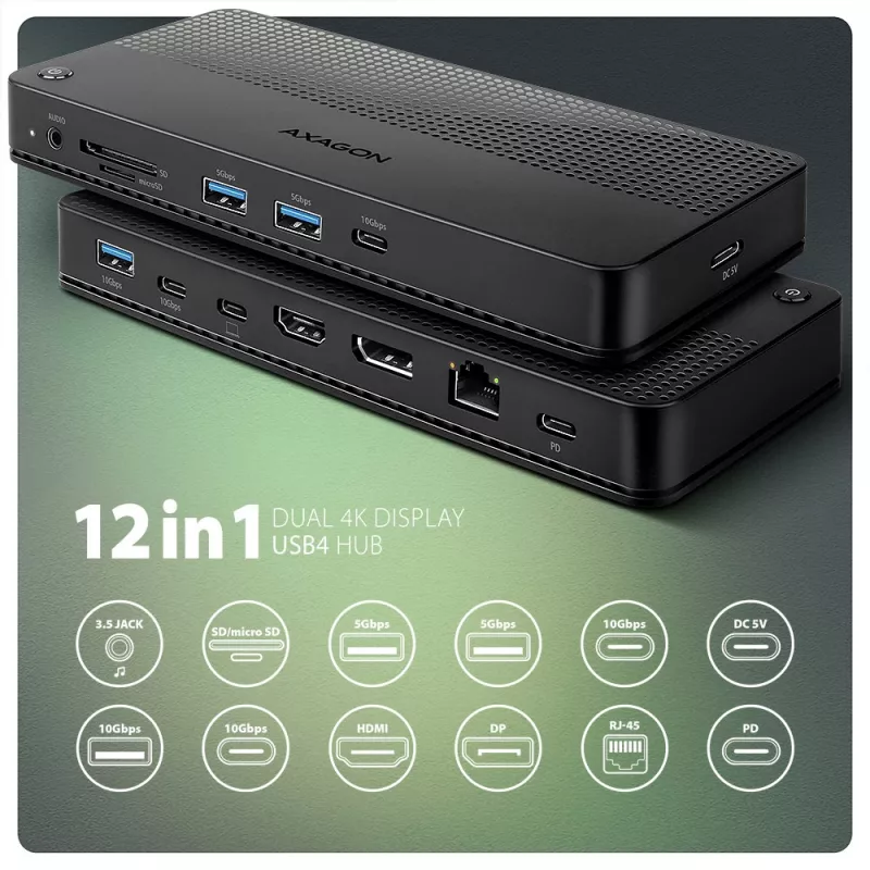 Axagon HMC-U4 USB4 dokk, 3x USB-A, 2x USB-C, HDMI ja DP 8K/30Hz, RJ-45, SD/mSD, heli, PD 100W