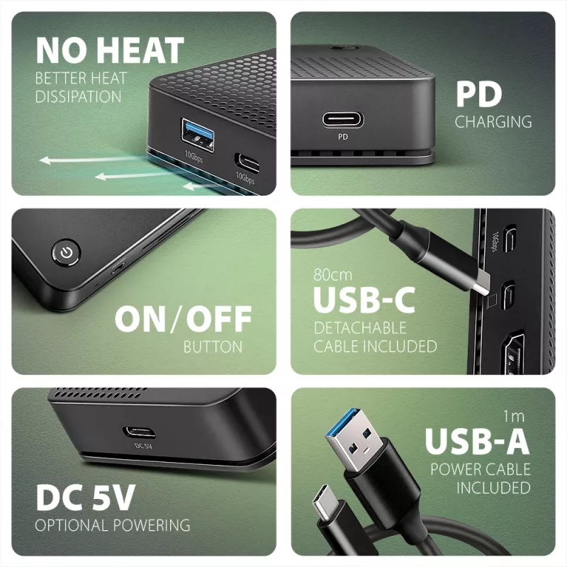 Axagon HMC-U4 USB4 dokk, 3x USB-A, 2x USB-C, HDMI ja DP 8K/30Hz, RJ-45, SD/mSD, heli, PD 100W