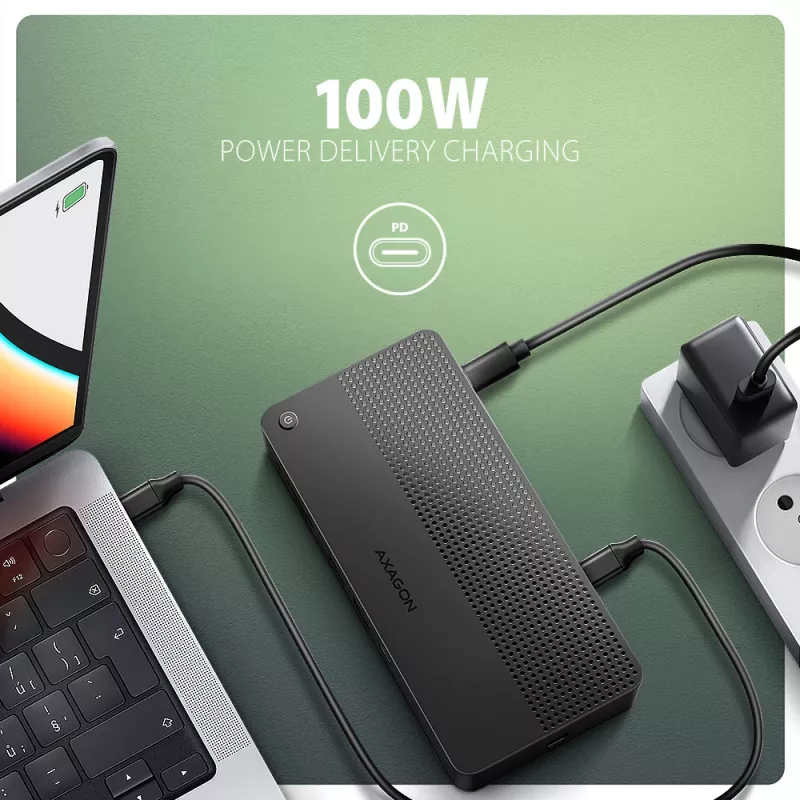 Axagon HMC-U4 USB4 dokk, 3x USB-A, 2x USB-C, HDMI ja DP 8K/30Hz, RJ-45, SD/mSD, heli, PD 100W