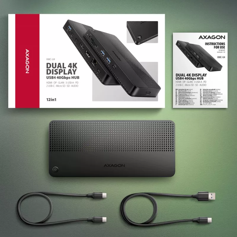 Axagon HMC-U4 USB4 dokk, 3x USB-A, 2x USB-C, HDMI ja DP 8K/30Hz, RJ-45, SD/mSD, heli, PD 100W
