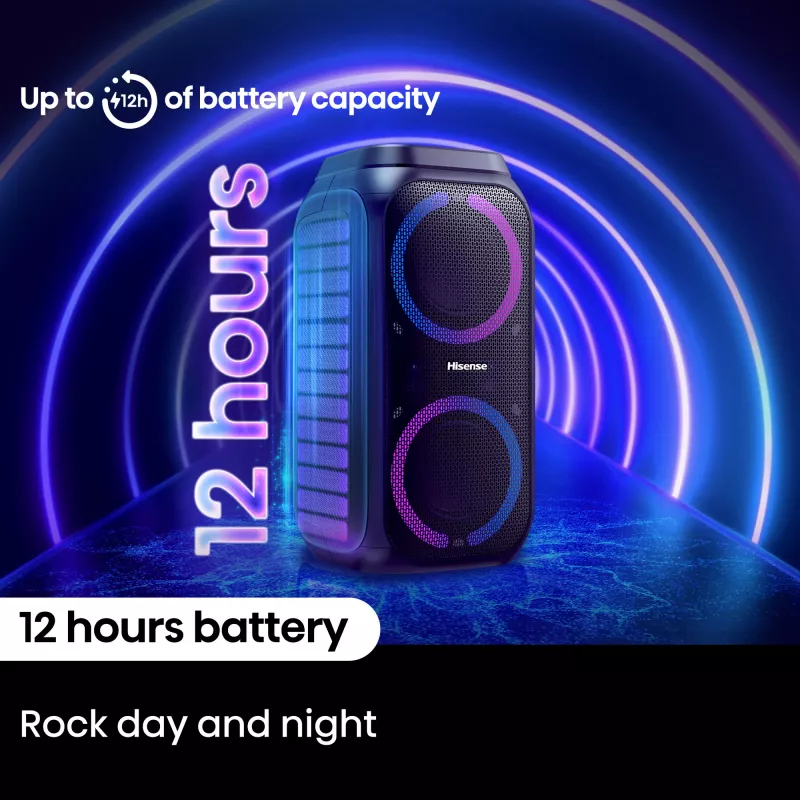 Kaasaskantav peokõlar HISENSE Party Rocker 160 — 160 W RMS, 2.0 kanalit, IPX4, must, 6,3 kg