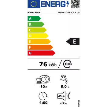 Sisseehitatud kitsas nõudepesumasin WHIRLPOOL WSIO 3T223 PCE X — 10 katet, 43 dB, 45 cm