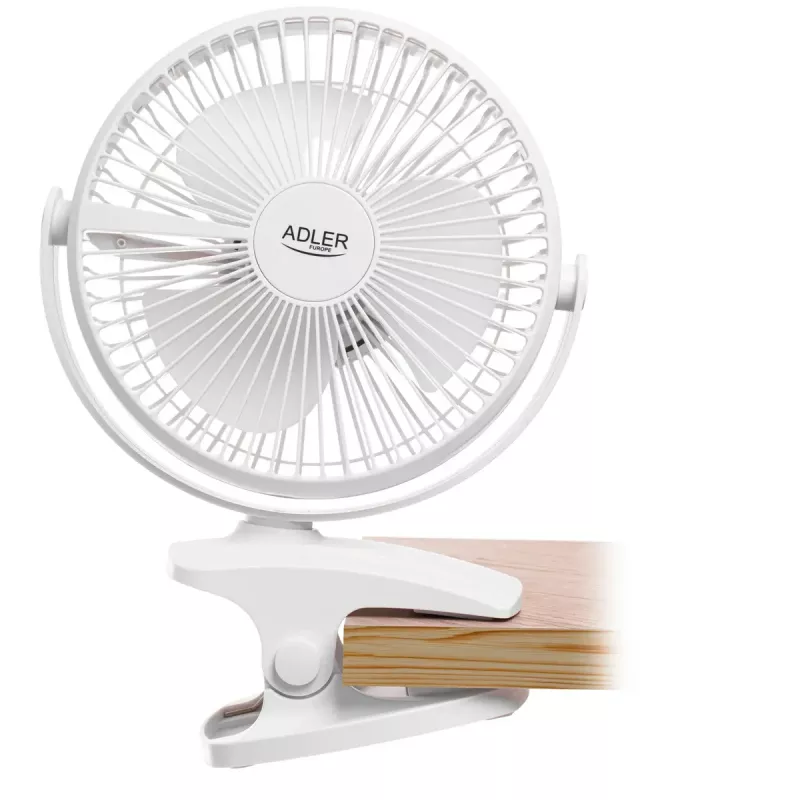 Klambriga laetav lauaventilaator Adler AD 7342 — 15,5 cm, 3 kiirust, pöörlemine, 5 W