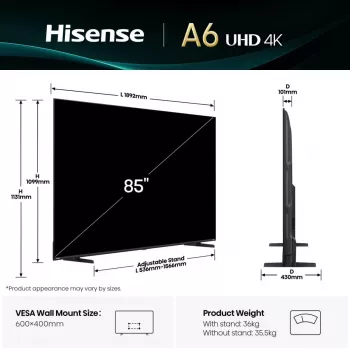 Hisense 85A6Q TV 2,16 m (85 tolli) 4K Ultra HD nutiteleviisor Wi-Fi must 400 cd/m²