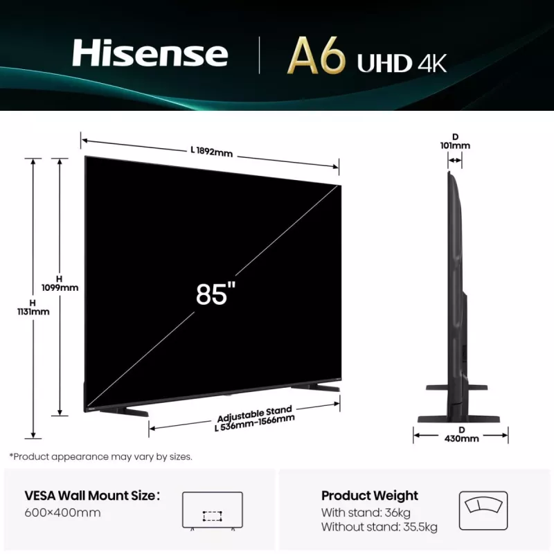 Hisense 85A6Q TV 2,16 m (85 tolli) 4K Ultra HD nutiteleviisor Wi-Fi must 400 cd/m²