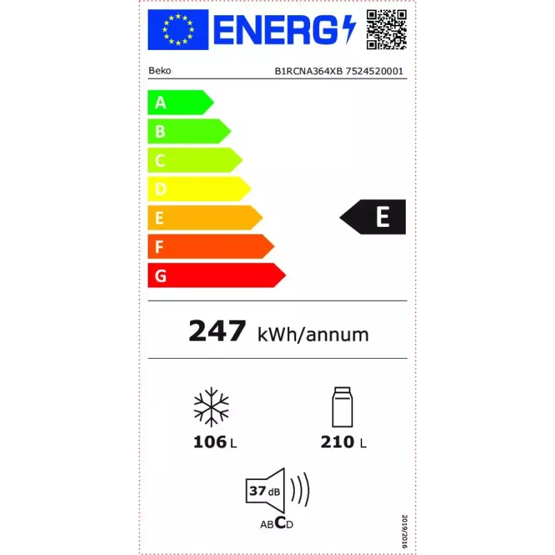 Külmik BEKO B1RCNA364XB — 316 L kogumaht, külmik 210 L, sügavkülmik 106 L, No Frost, parempoolne hing