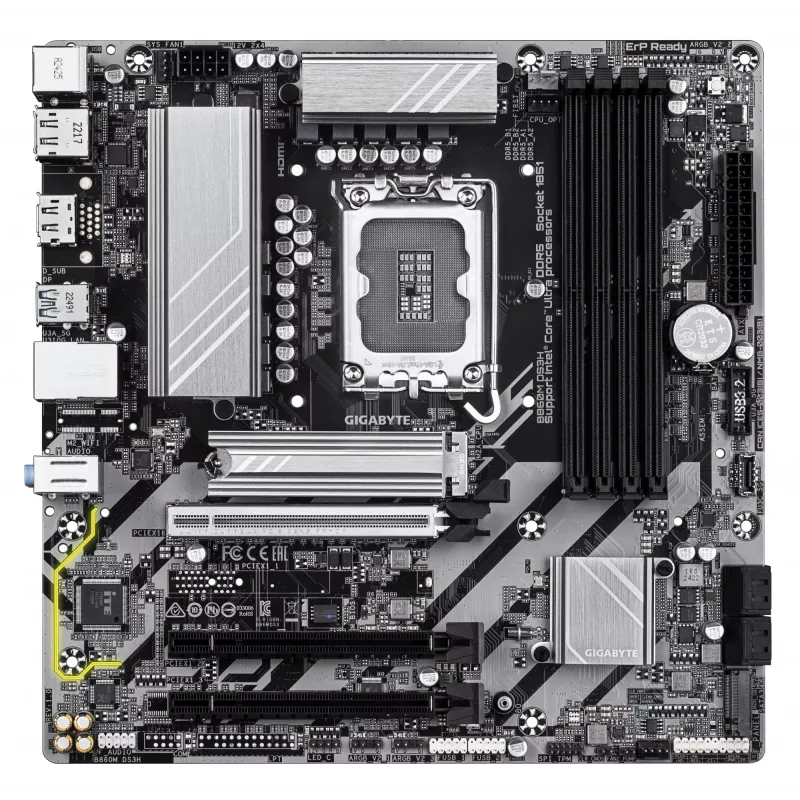 GIGABYTE B860M DS3H emaplaat – Inteli Core Ultra seeria protsessoritele, 5+1+2+1 faasi VRM, kuni 9066 MHz DDR5, 1xPCIe 5.0 + 1xPCIe 4.0 M.2, 2.5GbE LAN, USB 3.2 Gen 2