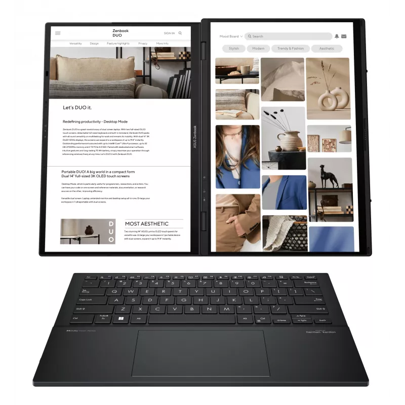 ASUS Zenbook Duo UX8406CA-PZ009W Intel Core Ultra 9 285H Hübriid (2-in-1) 35,6 cm (14 tolli) Puuteekraan 3K 32 GB LPDDR5x-SDRAM 2 TB SSD Wi-Fi 7 (802.11be) Windows 11 Home Hall