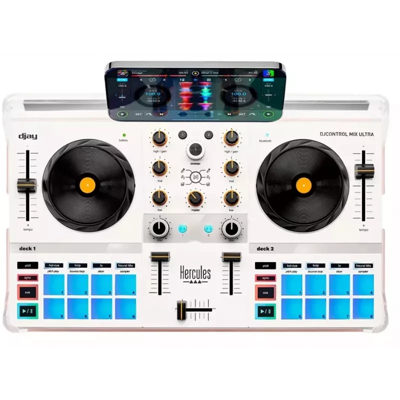 DJ-kontroller Hercules DJControl Mix Ultra – valge, mobiilne Bluetooth-kontroller