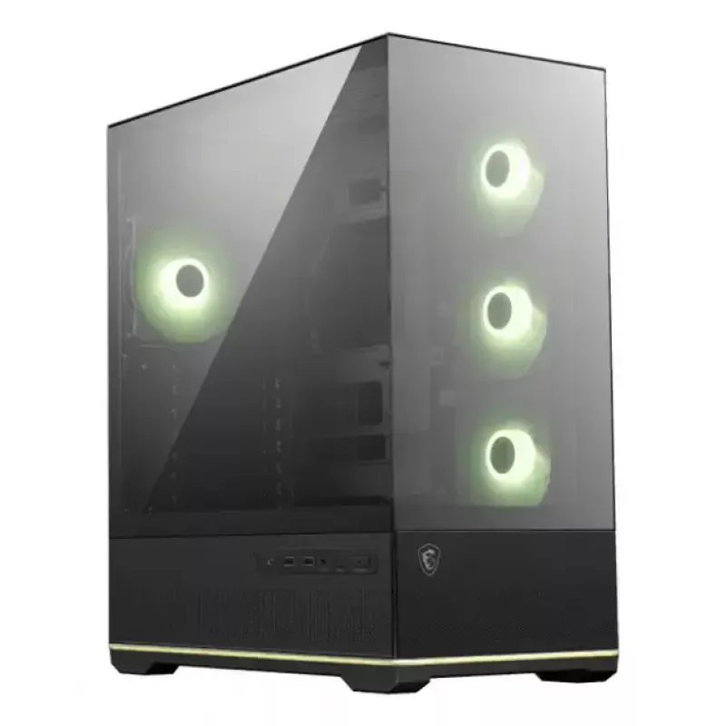 PC-korpus MSI MAG PANO 110R PZ Midi Tower — karastatud klaas, ATX, 3x120mm esiventilaatorid, USB-C, toetab 360mm radiaatoreid