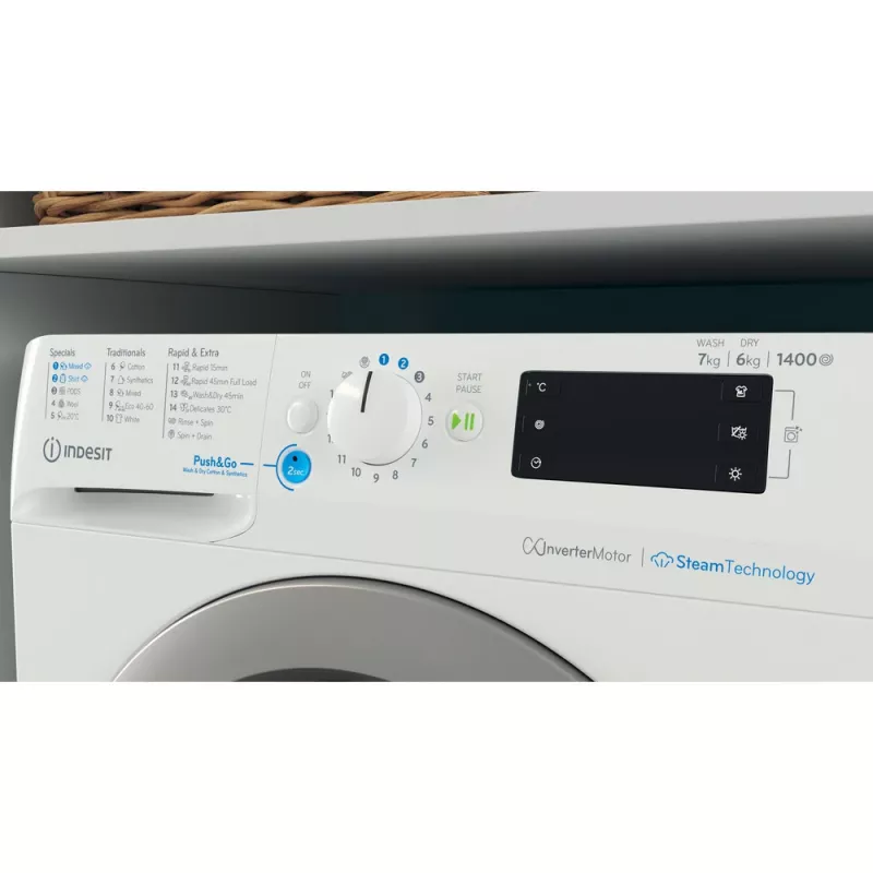 Indesit BDE 76435 WSV EE pesumasin-kuivati Eraldiseisev Eestlaetav Valge