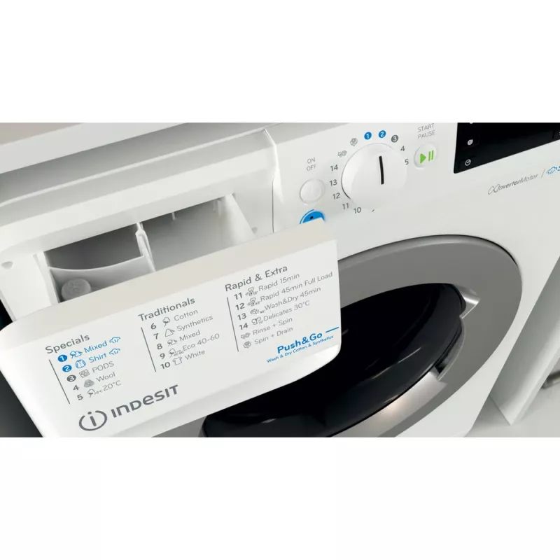 Indesit BDE 76435 WSV EE pesumasin-kuivati Eraldiseisev Eestlaetav Valge