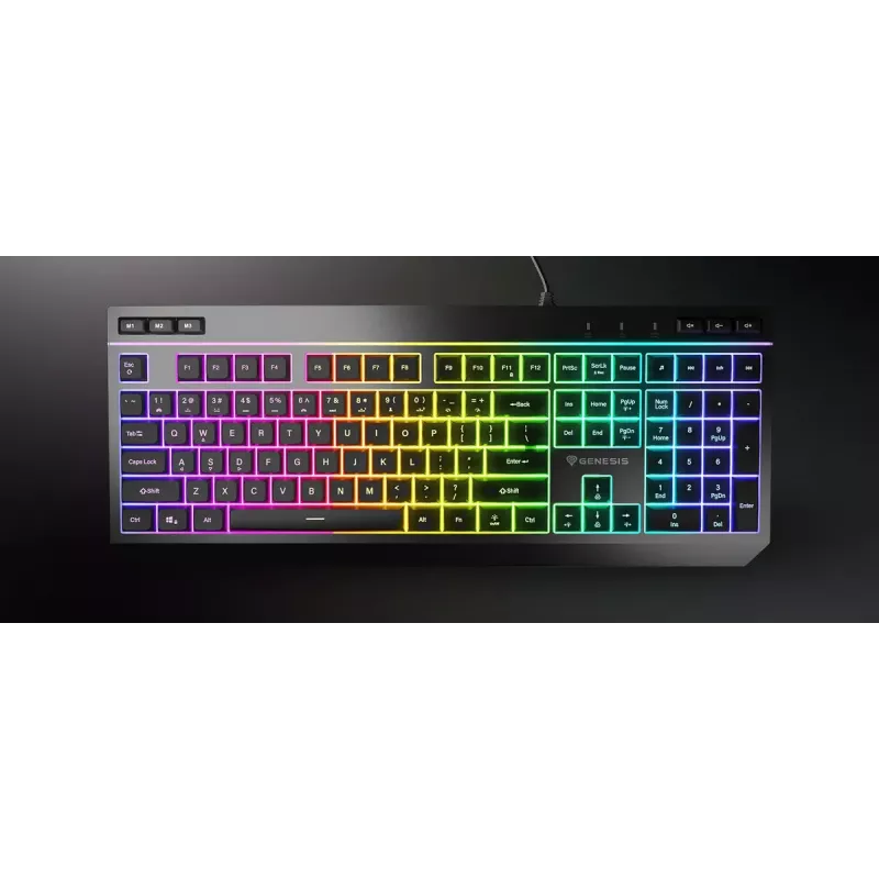 Juhtmega täissuuruses mänguriklaviatuur Genesis Rhod 530, USB, QWERTY US, membraan, RGB-taustvalgustus, 114 klahvi, 1,8 m kaabel, must