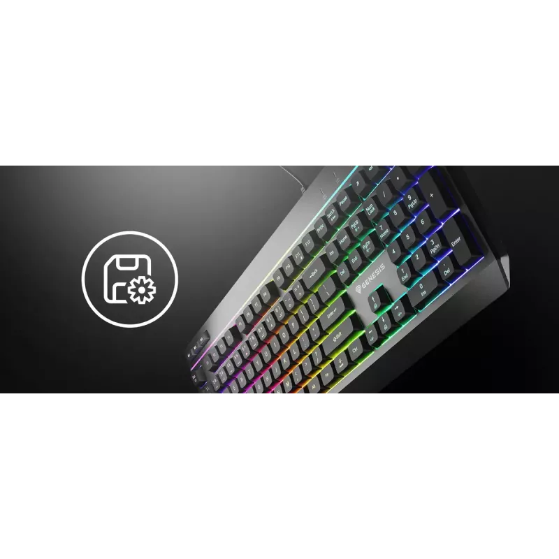 Juhtmega täissuuruses mänguriklaviatuur Genesis Rhod 530, USB, QWERTY US, membraan, RGB-taustvalgustus, 114 klahvi, 1,8 m kaabel, must