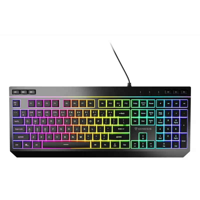 Juhtmega täissuuruses mänguriklaviatuur Genesis Rhod 530, USB, QWERTY US, membraan, RGB-taustvalgustus, 114 klahvi, 1,8 m kaabel, must