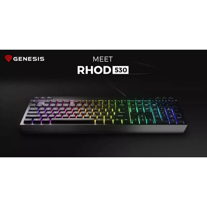 Juhtmega täissuuruses mänguriklaviatuur Genesis Rhod 530, USB, QWERTY US, membraan, RGB-taustvalgustus, 114 klahvi, 1,8 m kaabel, must