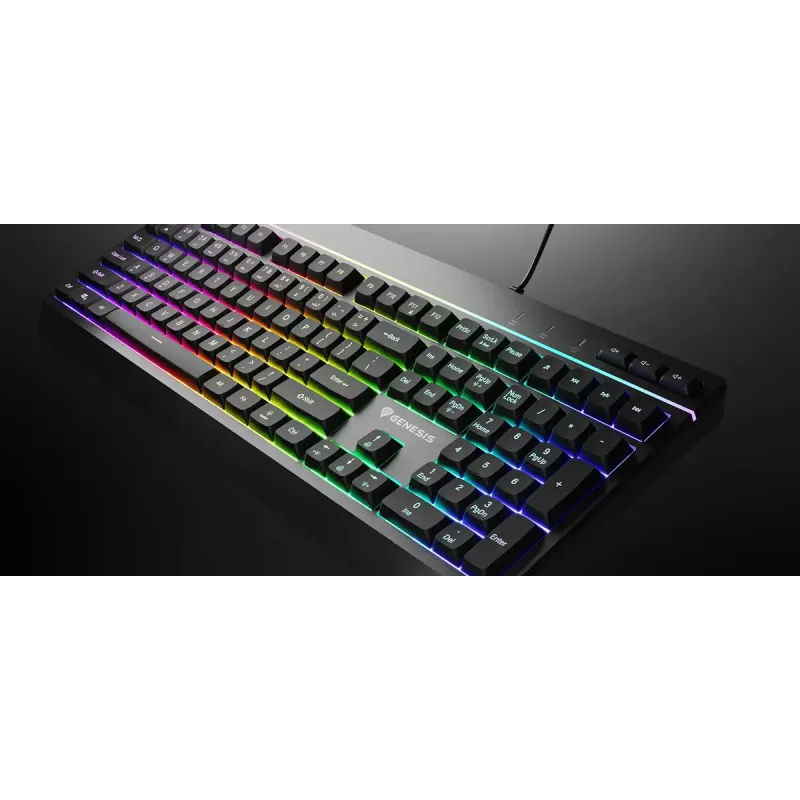 Juhtmega täissuuruses mänguriklaviatuur Genesis Rhod 530, USB, QWERTY US, membraan, RGB-taustvalgustus, 114 klahvi, 1,8 m kaabel, must