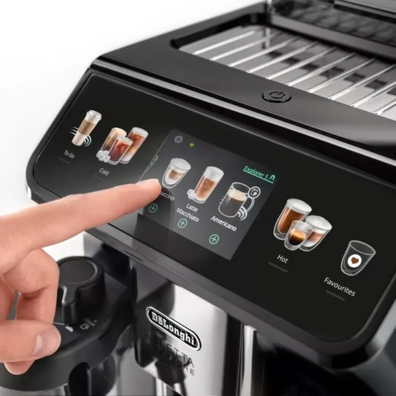 Espressomasin De’Longhi Eletta Explore — täisautomaatne, 1,8 l veepaak, 300 g ubade mahuti, 19 bar, TFT-puuteekraan