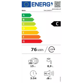 BEKO nõudepesumasin | BDIN38542P | Sisseehitatav | Laius 60 cm | Kohaseadete arv 15 | Programmide arv 8 | Energiatõhususklass C | Ekraan | AquaStop-funktsioon | Valge