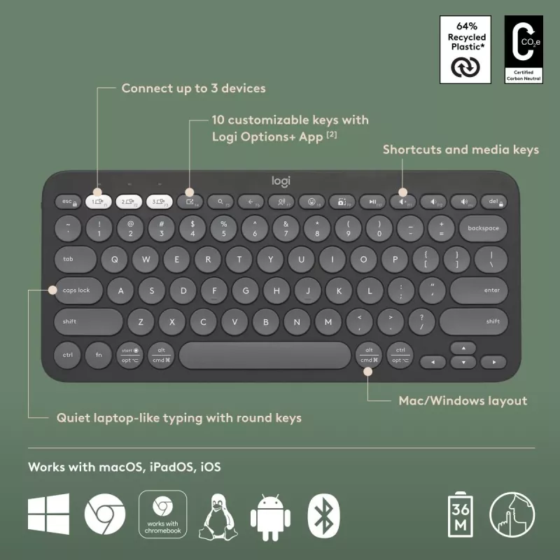 Logitech Pebble Keys 2 K380s klaviatuur Universal RF juhtmevaba + Bluetooth QWERTY US International Graphite