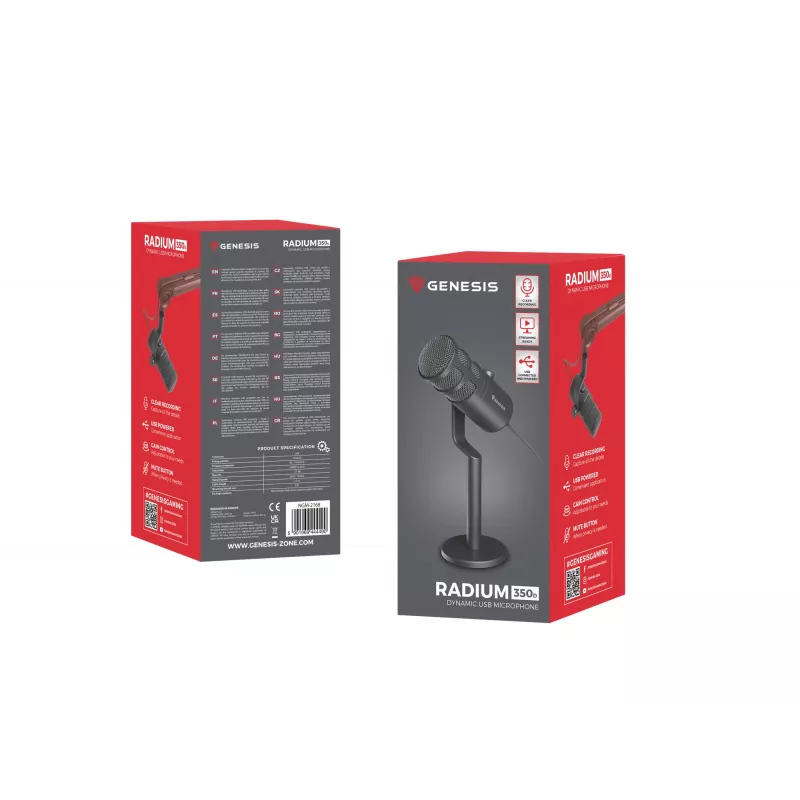 Juhtmega arvutimikrofon GENESIS Radium 350D — USB Type-A/USB-C, -48 dB tundlikkus, 16–14000 Hz, 2,5 m kaabel, must