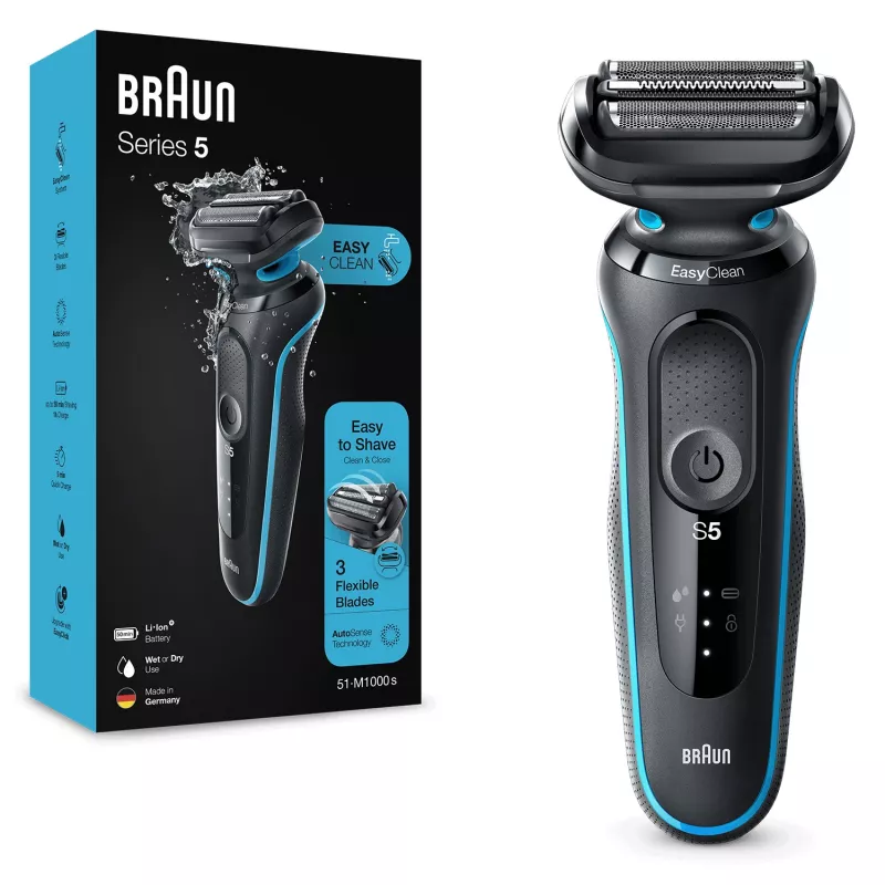 Habemeajaja BRAUN Series 5 51-M1000s — 3 peaga, Wet & Dry, sisseehitatud Li‑Ion aku, kiirlaadimine, must/sinine