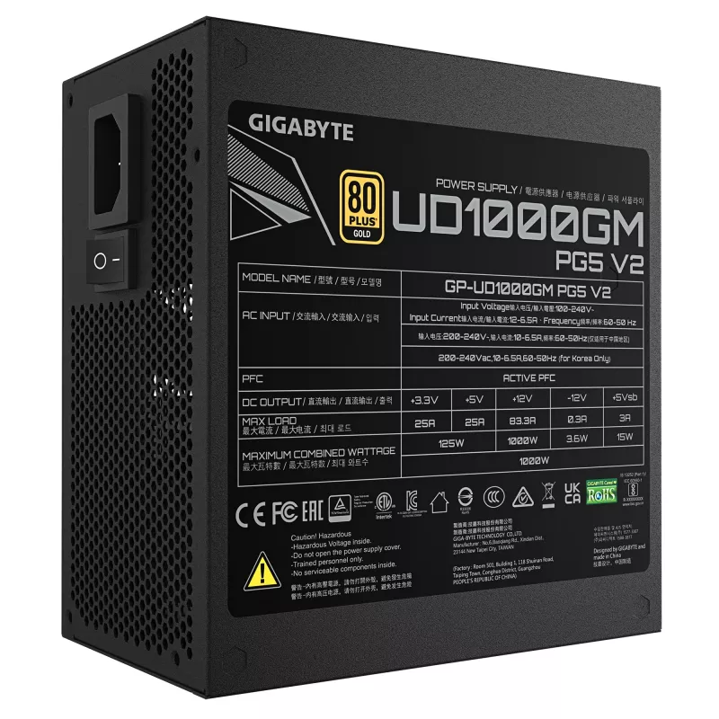 GIGABYTE UD1000GM PG5 V2 toiteplokk – PCIe Gen 5.1, 80 PLUS Gold, täismodulaarne disain, 120 mm ventilaator, ATX 3.1 ühilduv, EL pistik