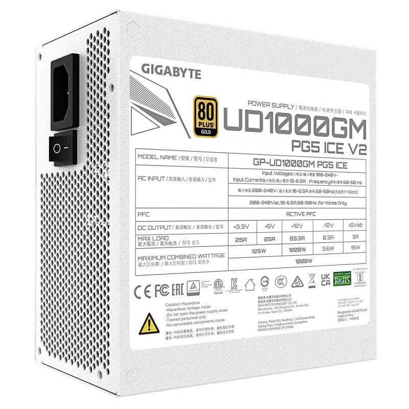 Toiteplokk GIGABYTE UD1000GM PG5 V2 1000W ATX 3.1 Täielikult modulaarne 80 PLUS Gold Valge