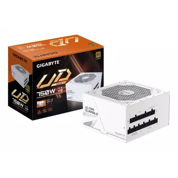 Toiteplokk GIGABYTE UD750GM PG5 V2 750 W ATX 3.1, 80 PLUS Gold, täismoodul, 8 SATA, 4x (6+2) PCIe, 2x EPS, valge