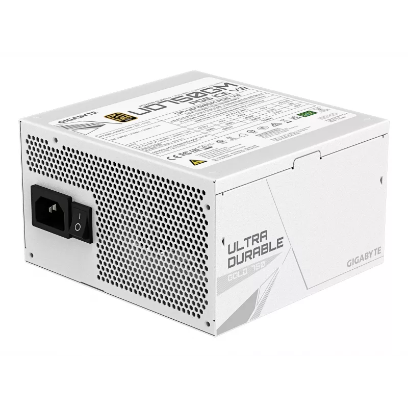 Toiteplokk GIGABYTE UD750GM PG5 V2 750 W ATX 3.1, 80 PLUS Gold, täismoodul, 8 SATA, 4x (6+2) PCIe, 2x EPS, valge
