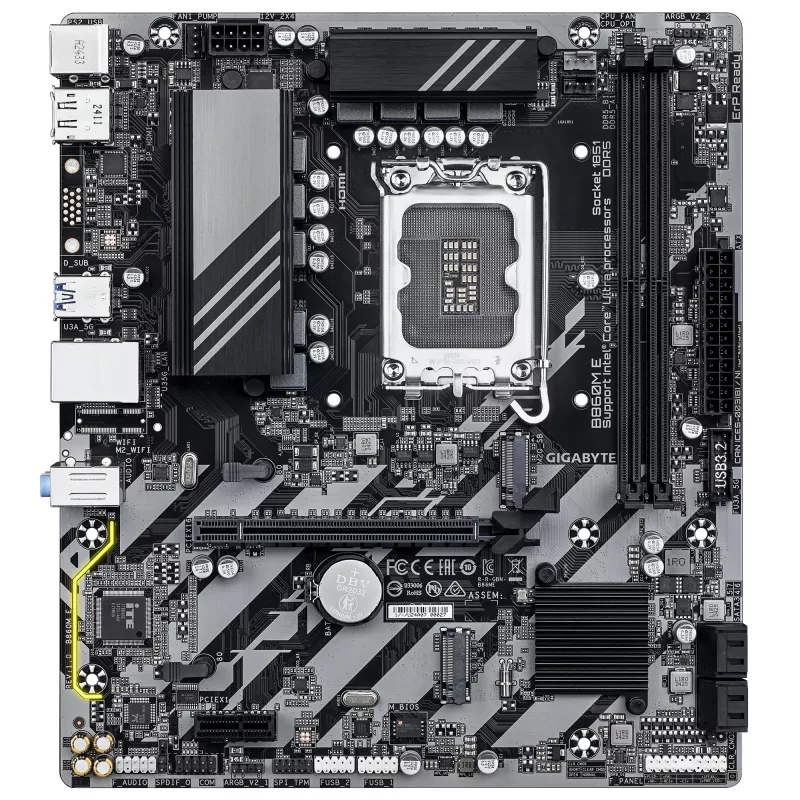 Micro-ATX emaplaat GIGABYTE B860M E — LGA 1851 Intel Core Ultra protsessoritele, DDR5 kuni 8800 MHz (O.C), 2×PCIe 4.0 M.2, 1GbE