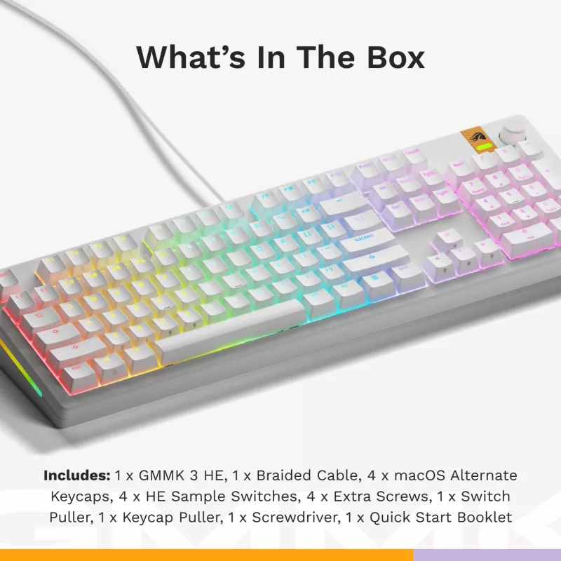 Mehaaniline täissuuruses (100%) juhtmega klaviatuur GLORIOUS GMMK 3 HE — valge, USB, QWERTY, RGB