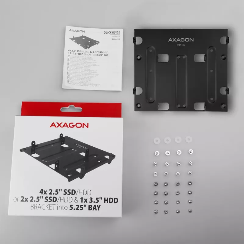 Axagon RHD-435 raam 4x 2,5-tollise või 2x 2,5-tollise HDD/SSD ja 1x 3,5-tollise HDD paigaldamiseks 5,25-tollisesse sahtlisse, metallist
