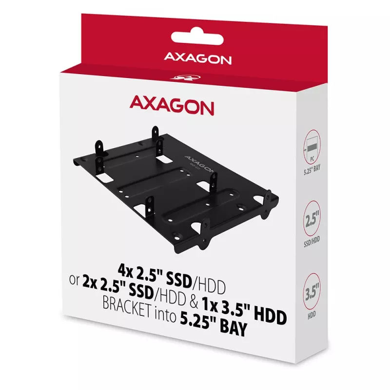 Axagon RHD-435 raam 4x 2,5-tollise või 2x 2,5-tollise HDD/SSD ja 1x 3,5-tollise HDD paigaldamiseks 5,25-tollisesse sahtlisse, metallist
