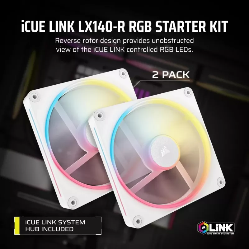 CORSAIR iCUE LINK LX140-R RGB 140mm PWM vastupöörlevate ventilaatorite stardikomplekt - valge