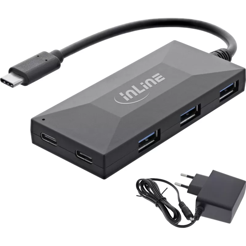 InLine USB 3.2 Gen.1 jaotur, USB-C 2 pordiga USB-C ja 3 pordiga USB-A, toiteplokiga