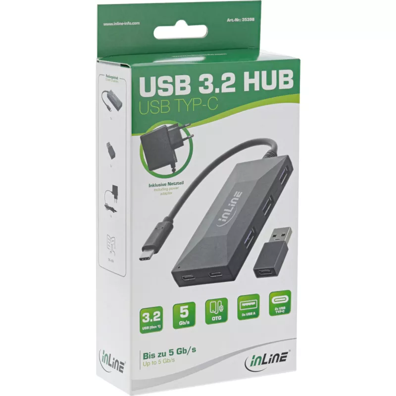 InLine USB 3.2 Gen.1 jaotur, USB-C 2 pordiga USB-C ja 3 pordiga USB-A, toiteplokiga