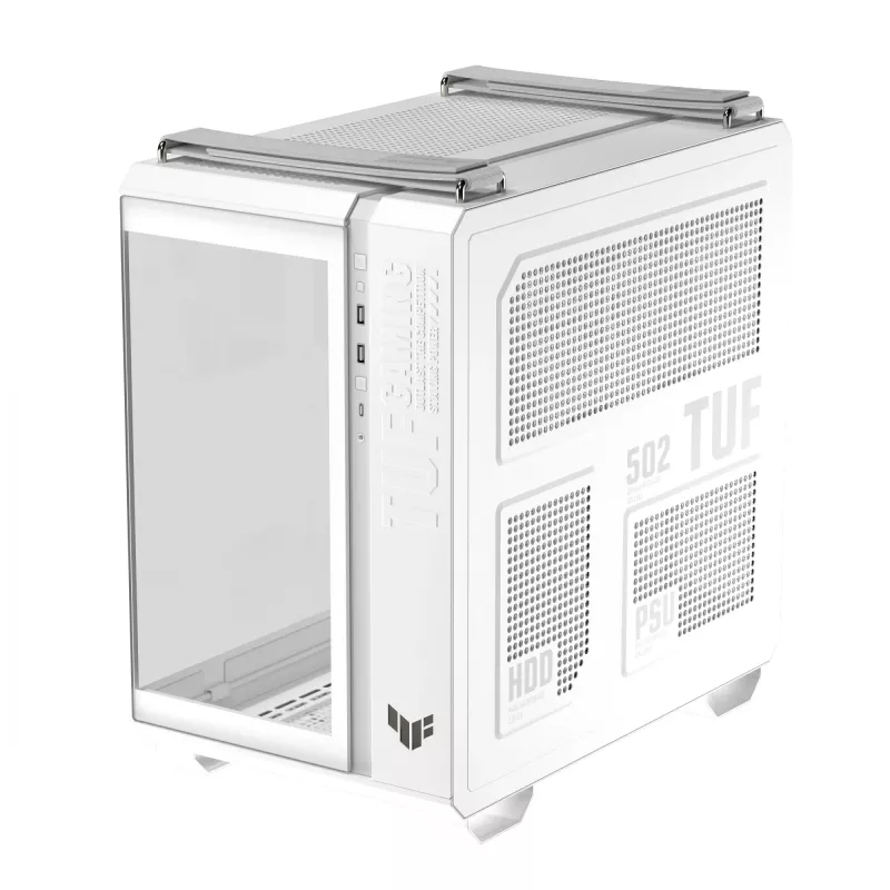 PC Case ASUS TUF GAMING GT502 Horizon TG ARGB Valge — Midi Tower, ATX, karastatud klaas, 4×3,5 tolli sahtlit, max GPU 400 mm