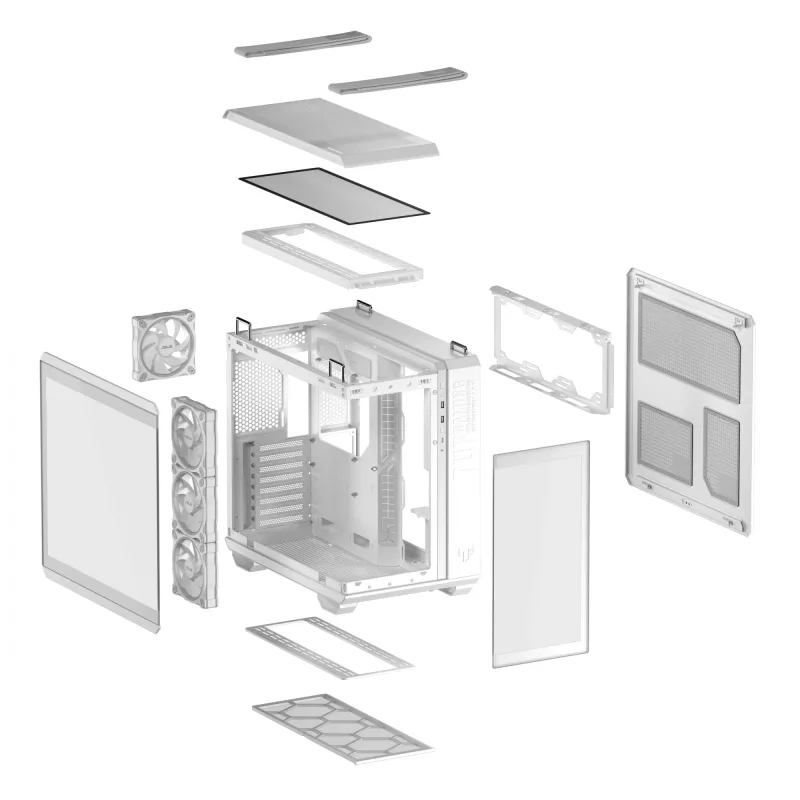 PC Case ASUS TUF GAMING GT502 Horizon TG ARGB Valge — Midi Tower, ATX, karastatud klaas, 4×3,5 tolli sahtlit, max GPU 400 mm