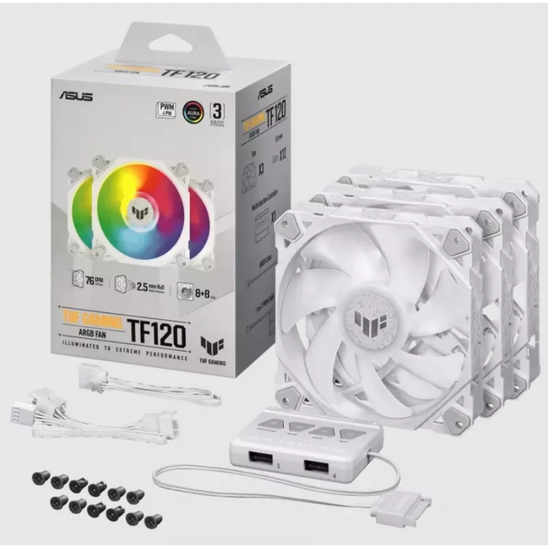 Õhkjahuti ASUS TUF GAMING TF120 ARGB Valge EDITION — 3×120 mm ventilaatorid, 1900 RPM, 29 dB, kaugjuhtimispult