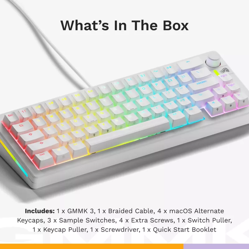 Mehaaniline mänguklaviatuur GLORIOUS GMMK 3 65% Valge — juhtmega USB, RGB, QWERTY (USA)