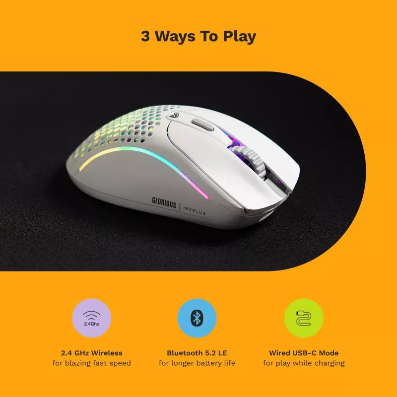 Glorious Gaming Glorious Model D 2 Wireless - Matt valge, Paremakäeline, RF-juhtmevaba, 19000 DPI, Valge