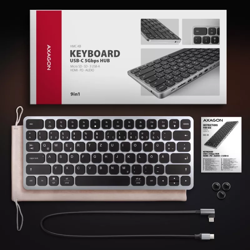 Axagon HMC-KB-GE, USB 5Gbps jaam koos klaviatuuriga, HDMI 4K/60Hz, 3x USB-A, SD/mSD, heli, PD 100, Saksa paigutus