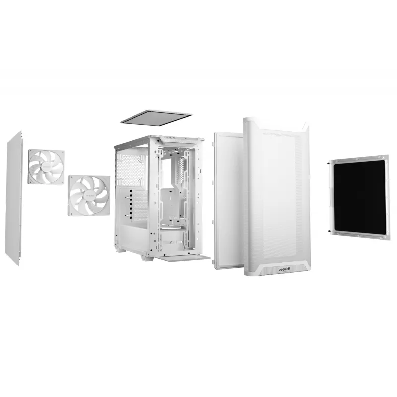 PC korpus be quiet! PURE BASE 501 Airflow Midi Tower valge — ATX, 3×140 mm ees, 1×140 mm taga, 5×2,5 tolli, 2×3,5 tolli, USB‑C, PWM tugi