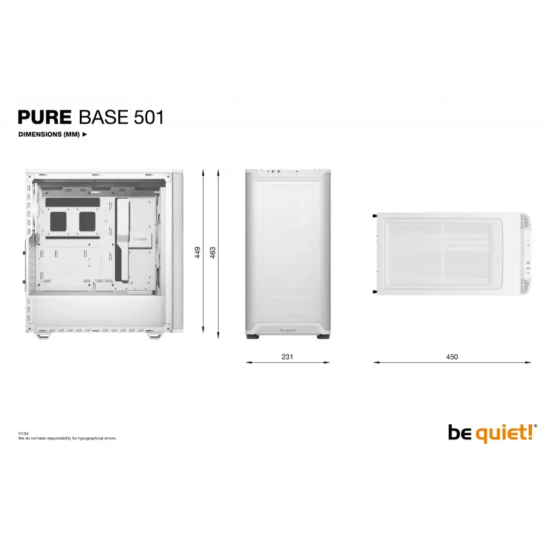 PC korpus be quiet! PURE BASE 501 Airflow Midi Tower valge — ATX, 3×140 mm ees, 1×140 mm taga, 5×2,5 tolli, 2×3,5 tolli, USB‑C, PWM tugi