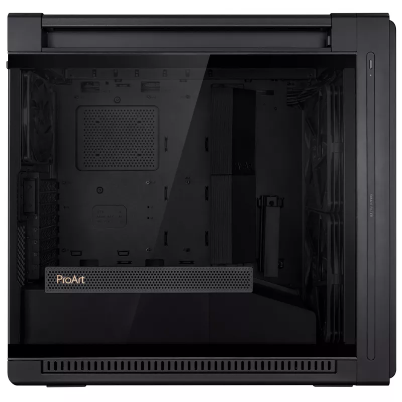 PC-korpus ASUS ProArt PA602 Midi Torn Must — ATX/EATX tugi, karastatud klaas, 2x200 mm esiventilaatorid, 360 mm ülemine radiaator, GPU kuni 450 mm